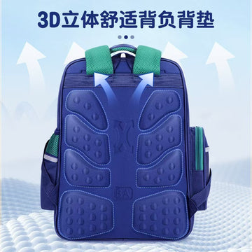 Blue backpack with green straps on a light blue background