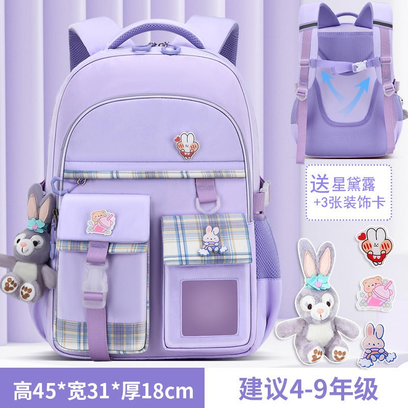 Purple kids school backpack with bunny plush, plaid pockets, and decorative stickers for 4-9 grade students