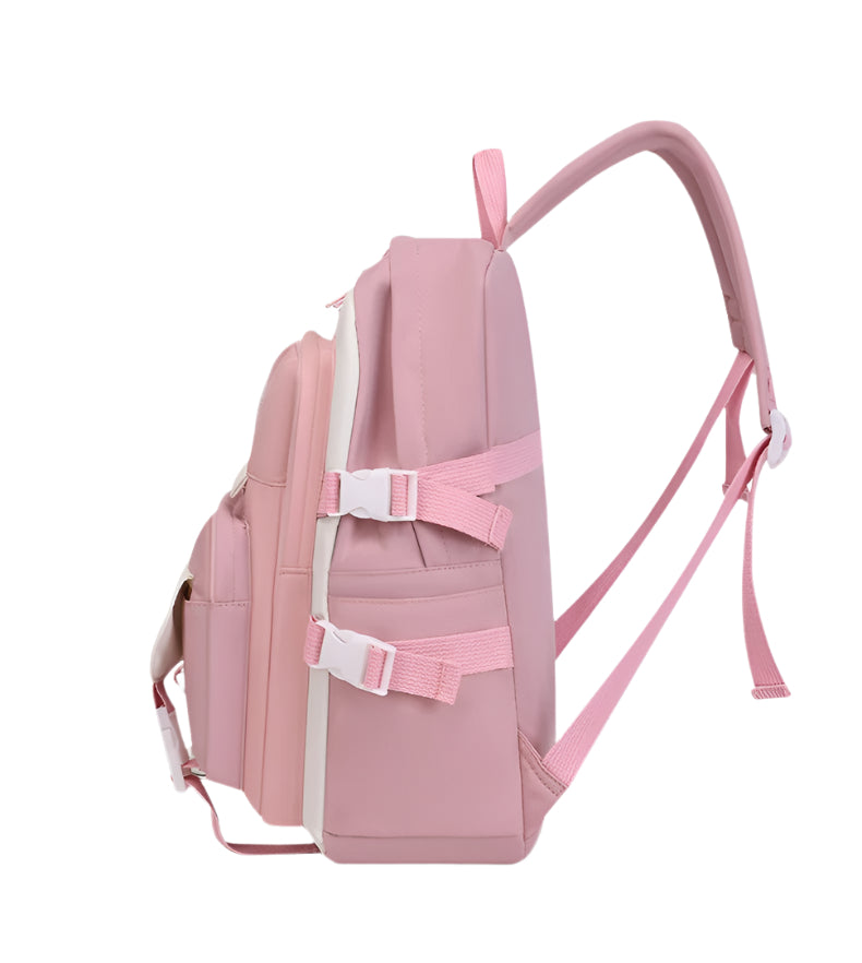 Pink student backpack with adjustable straps and side pockets, ideal for school or travel