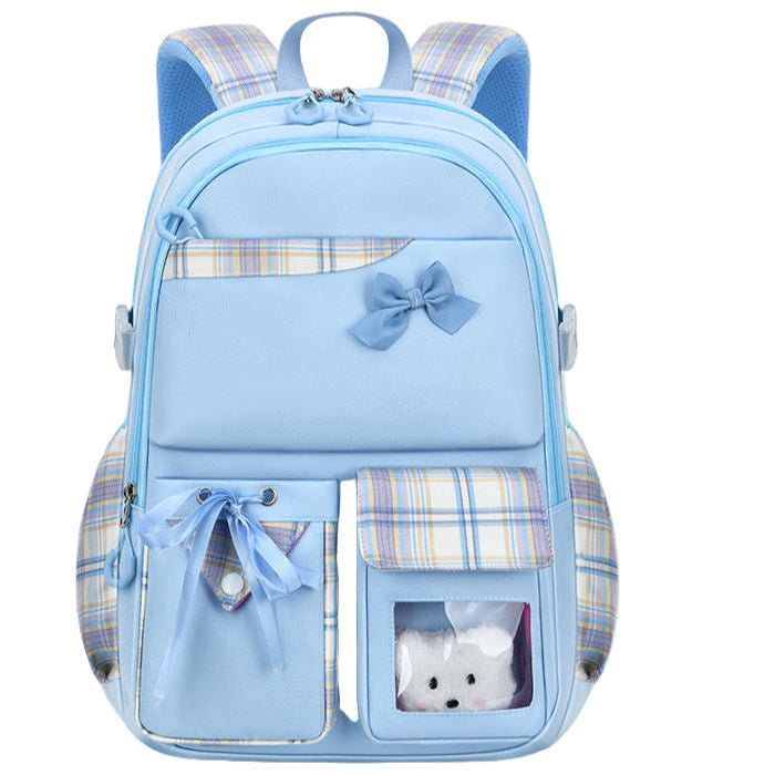 Light blue student backpack with plaid accents, bow details, and front pocket featuring plush toy