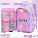 Pink and purple student backpack with mesh pockets, pen slots, and star print for school supplies