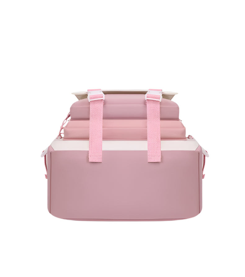 Pink travel luggage set with straps, ideal for students and trips