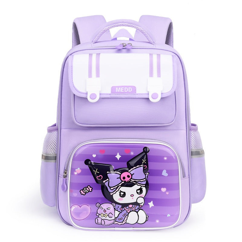 Purple kids school backpack with cute cartoon character, ideal for students and travel