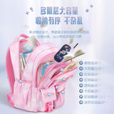 Pink kids school backpack with multiple compartments, books, and supplies visible, ideal for students