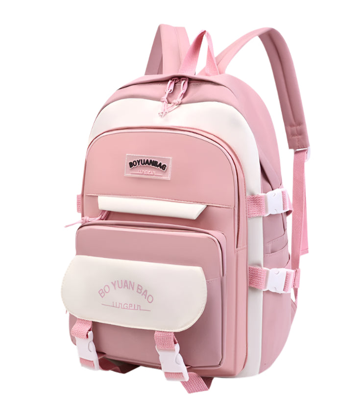 Pink and white student backpack with front pocket, ideal for school or travel