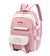 Pink and white student backpack with front pocket, ideal for school or travel