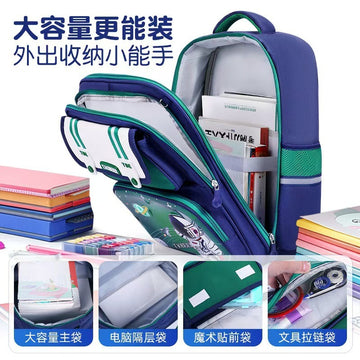 Blue backpack with compartments filled with stationery items on a white background