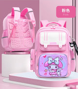 Pink kids school backpack with My Melody design, padded straps, and front pocket for students