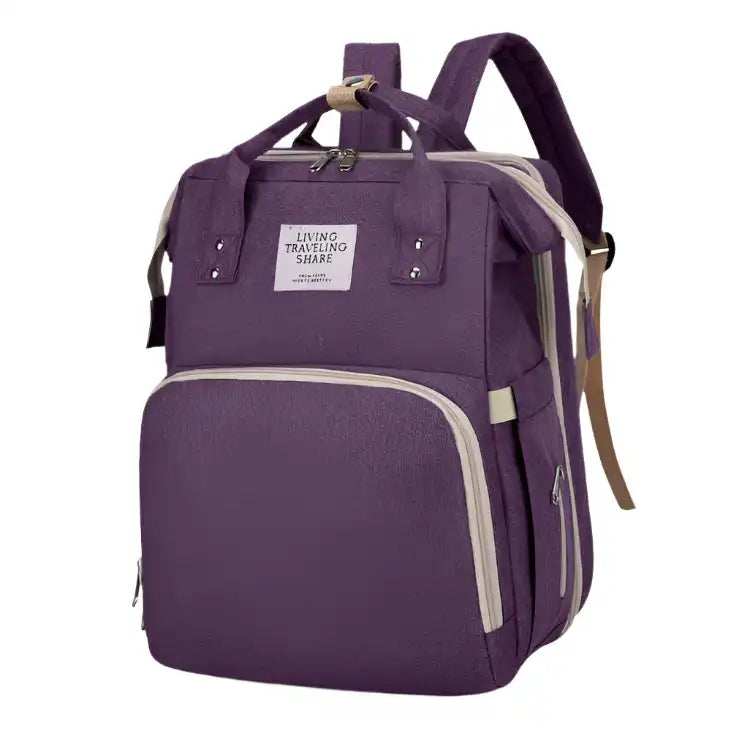 Purple backpack with front pocket, beige zippers, and adjustable straps for travel or school.