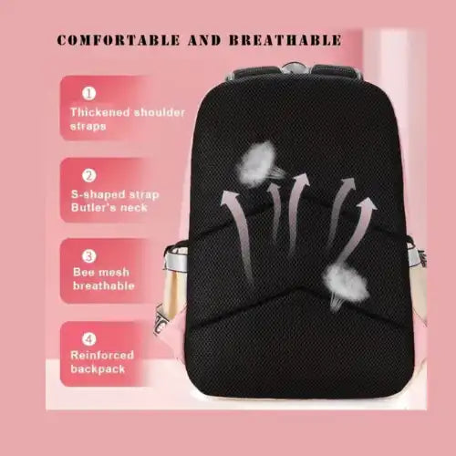Comfortable breathable black backpack with thick shoulder straps, S-shaped design, bee mesh, and reinforced back