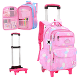 Pink rolling school backpack with unicorn print, multiple pockets, and detachable trolley for kids