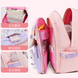 Pink student backpack with multiple compartments, front zip pocket, side water bottle holder, and organized interior for school supplies