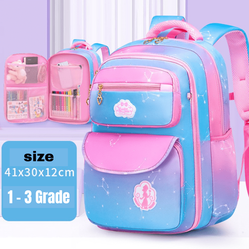 Pink and blue kids school backpack with constellation print, ideal for grades 1-3, featuring multiple compartments and cute design