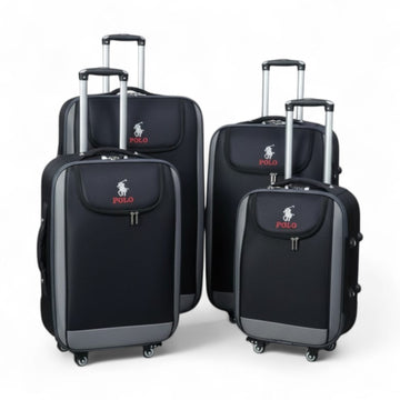Set of black suitcases with Polo Ralph Lauren logo on a white background