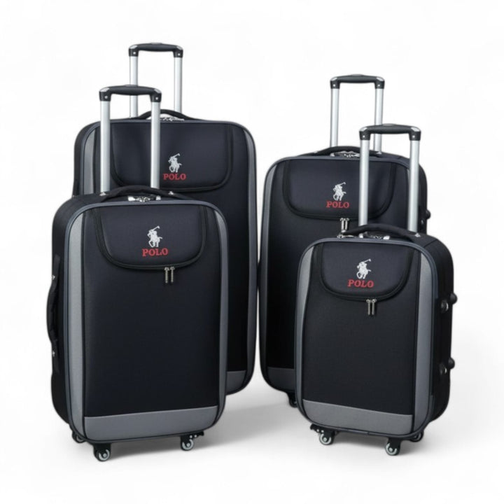 Set of black suitcases with Polo Ralph Lauren logo on a white background