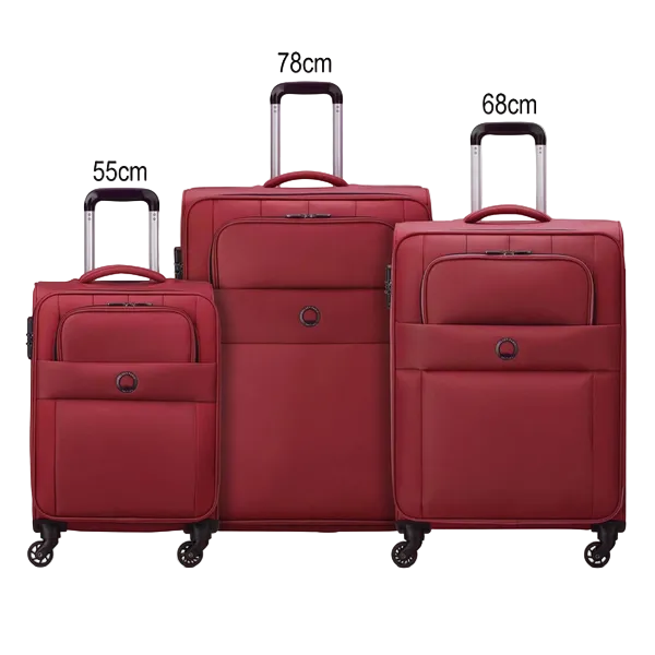 Three red softside luggage pieces shown together on a white background, labeled 55cm, 78cm, and 68cm, with telescoping handles extended and wheels visible.