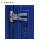 Blue Roncato luggage with combination lock and branded zipper pulls for secure travel