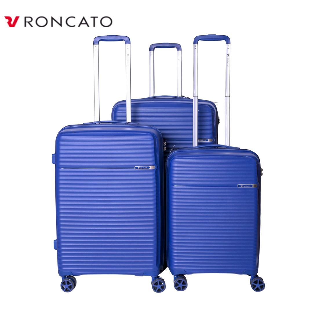 Blue Roncato hardshell luggage set with spinner wheels, ideal for travel and students