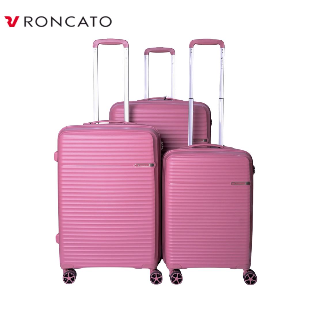 Pink Roncato hardshell luggage set with spinner wheels, ideal for travel and students