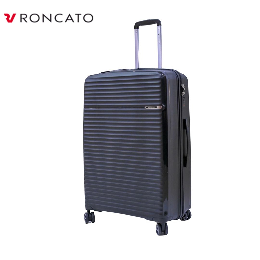 Black Roncato hard shell suitcase with 4 spinner wheels and telescopic handle for travel