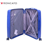 Blue Roncato hard-shell suitcase with interior compartments and spinner wheels, ideal for travel luggage