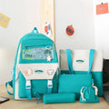 Teal and white backpack set with accessories on a wooden surface.