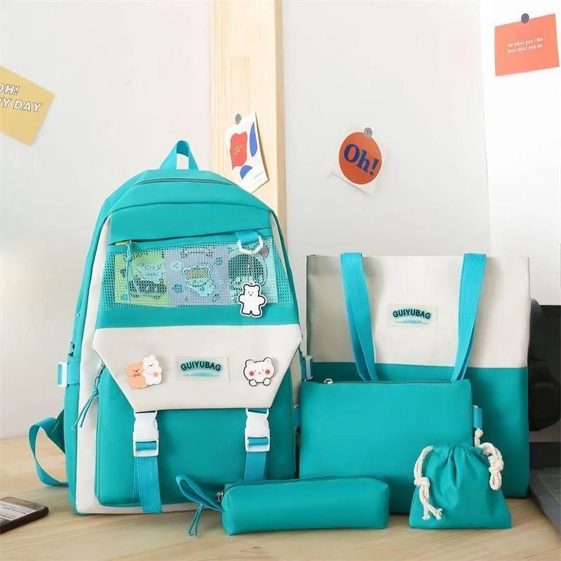 Teal and white student backpack with matching tote, pencil case, and pouch, ideal for school or travel