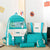 Teal and white backpack set with accessories on a wooden surface.