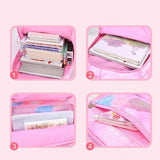 Pink student backpack with organized compartments for books, notebooks, and school supplies