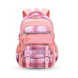 Pink plaid school backpack with multiple pockets and 'Princess' label, ideal for kids.