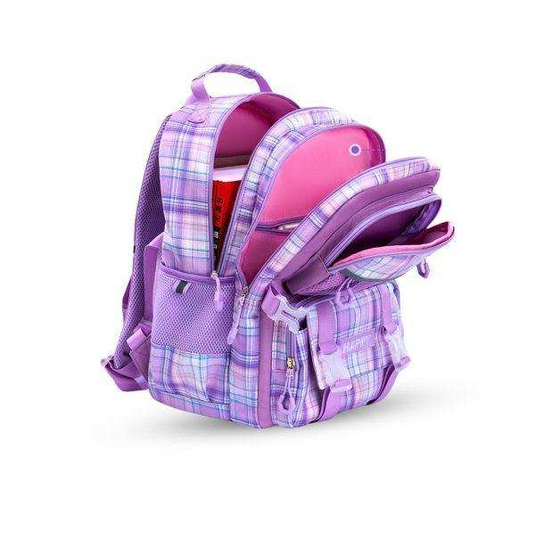 Purple plaid school backpack with multiple zippered compartments and side mesh pocket