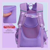 Purple school backpack with padded mesh back and adjustable straps for comfort