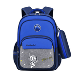 Blue kids school backpack with astronaut design, side pouch, and 'Yes I Can' print for students