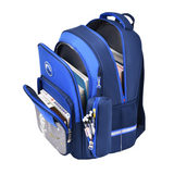 Blue student backpack with multiple compartments, books, and pens, ideal for school or travel