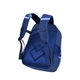 Blue travel backpack with mesh back panel and adjustable straps for student or laptop use