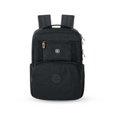 Black travel backpack with multiple zippers and front pockets, ideal for students and laptop carry