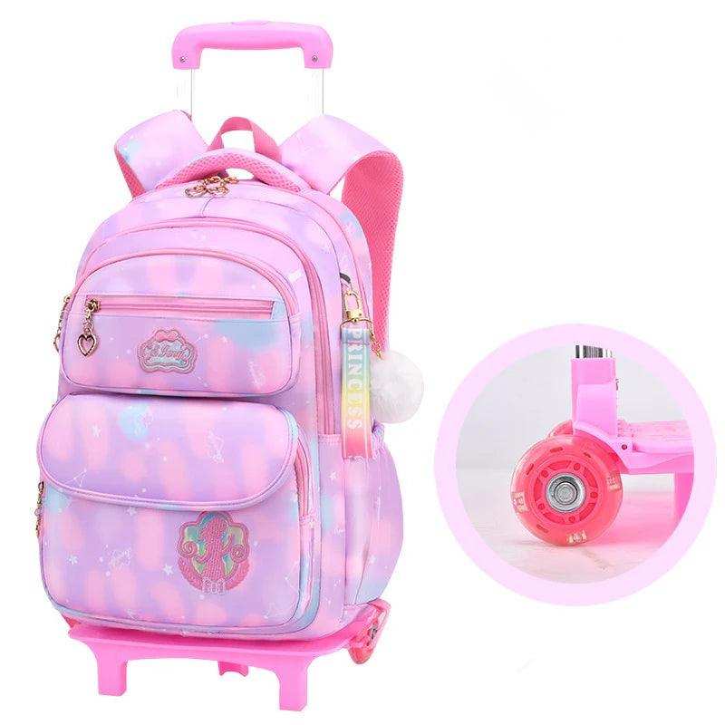 Pink rolling school backpack with unicorn print, wheels, and princess charm for kids