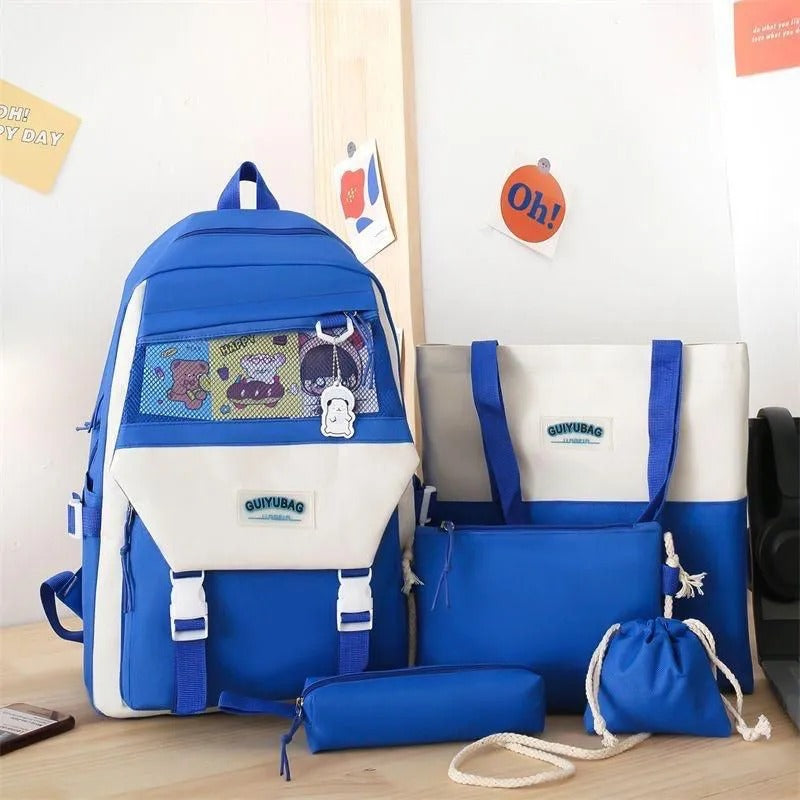Blue and white GUIYUBAG student backpack with matching tote, pouch, and drawstring bag set