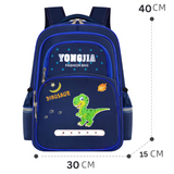 Blue kids dinosaur backpack with 40cm height, perfect for school or travel, featuring YONGJIA branding