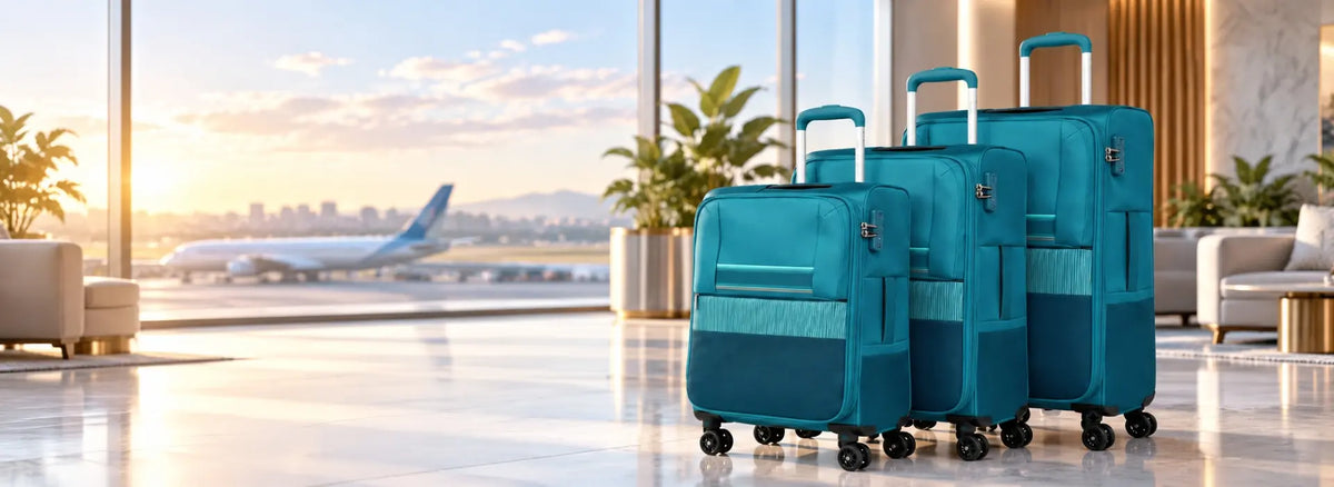 Three teal softside spinner suitcases in different sizes in an airport lounge