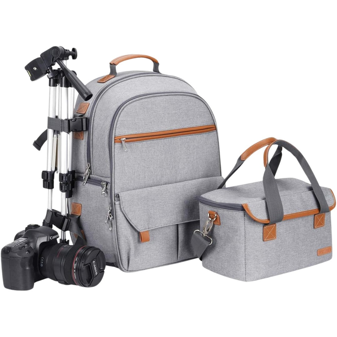 Gray camera backpack with tripod & DSLR, ideal for travel and photography gear storage
