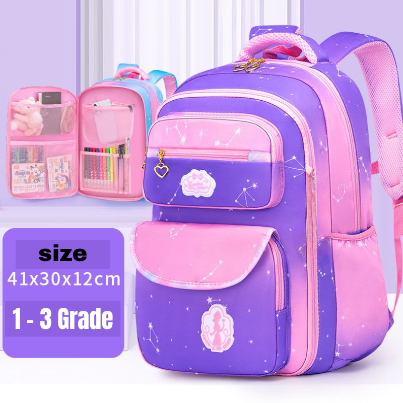Purple and pink kids school backpack with star print, ideal for 1-3 grade students, size 41x30x12cm