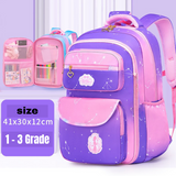 Purple and pink kids school backpack with star print, ideal for 1-3 grade students, size 41x30x12cm