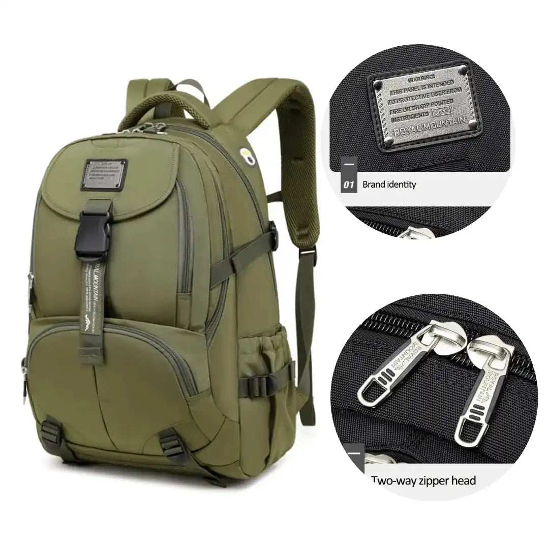 Olive green backpack with front pocket, side straps, brand identity patch, and two-way zipper detail