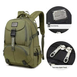 Olive green backpack with front pocket, side straps, brand identity patch, and two-way zipper detail