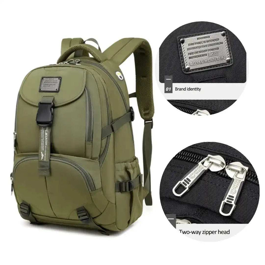 Olive green backpack with front pocket, side straps, brand identity patch, and two-way zipper detail