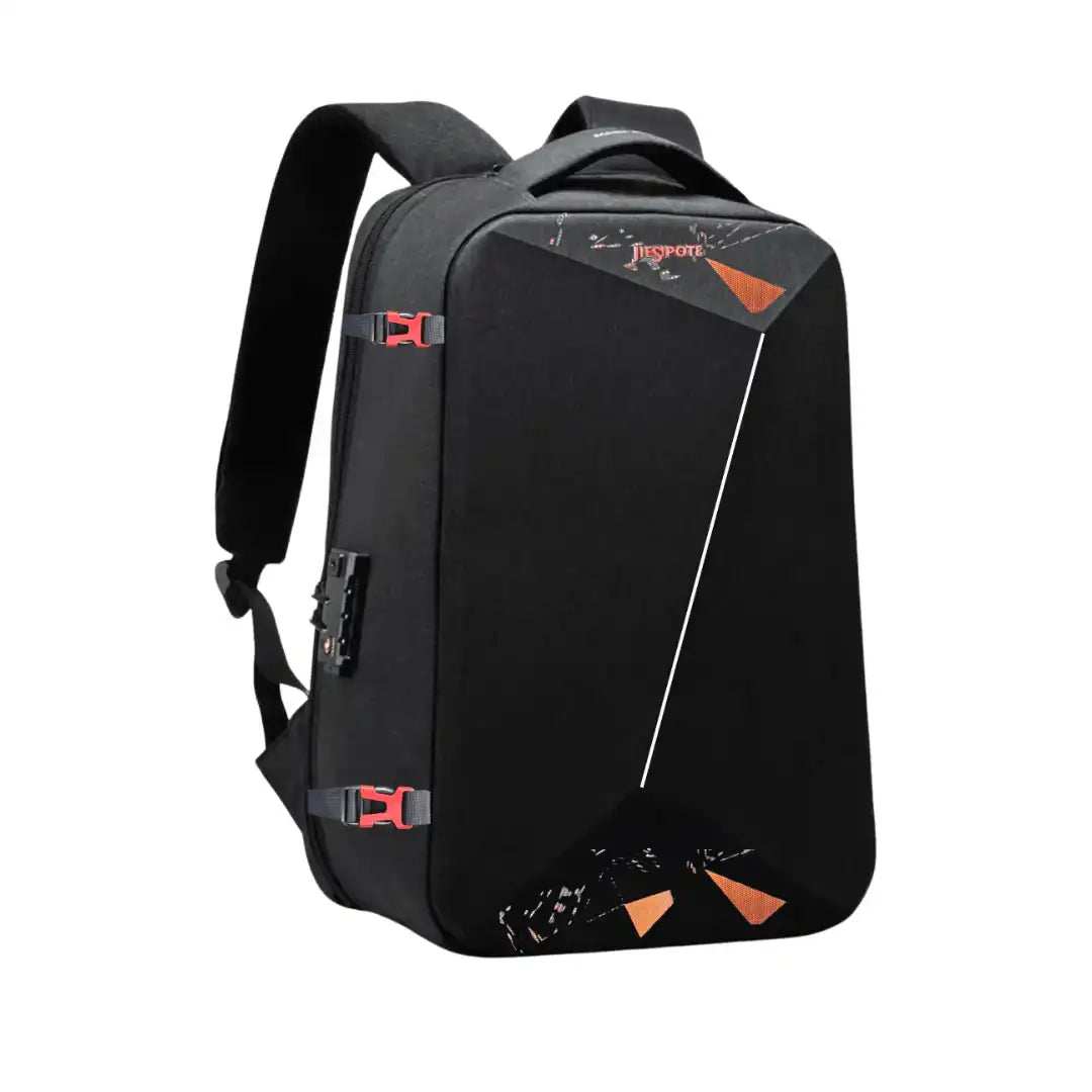 Black laptop backpack with orange accents, USB port, and geometric design for students and travelers