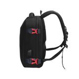 Black travel backpack with red buckles and adjustable straps for student or laptop use