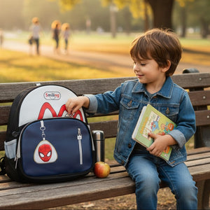 Child sitting on a park bench with a backpack and book, surrounded by trees and people in the background.