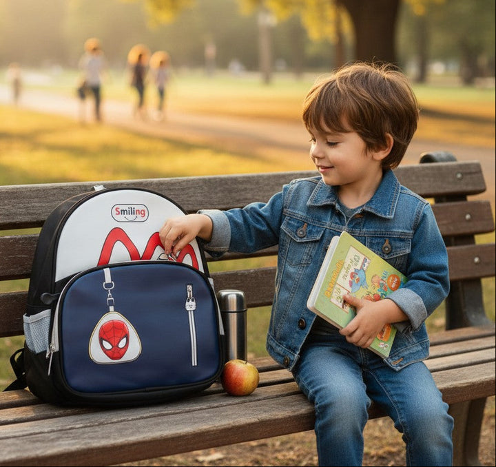 Child sitting on a park bench with a backpack and book, surrounded by trees and people in the background.